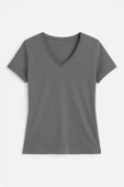 Kadın V Yaka Kısa Kollu Düz T-Shirt thumbnail 8