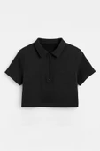 Kadın Polo Yaka Fermuarlı Crop T-Shirt - 1