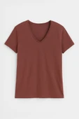 Kadın V Yaka Kısa Kollu Düz T-Shirt - 11
