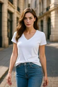 Kadın V Yaka Kısa Kollu Düz T-Shirt - 1