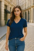 Kadın V Yaka Kısa Kollu Düz T-Shirt - 4