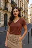 Kadın V Yaka Kısa Kollu Düz T-Shirt - 10