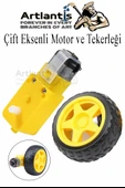 Çift Eksenli Motor ve Tekerleği 1 Paket Sarı Dc Motor Arduino Robotik Motor Tekerlek Deney Okul Bilim Araba Yapım - 1