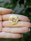 Doğal Taş Pembe Kuvars Doğal Taşlı Çiçek Model Telkari Kadın Ayarlanabilir Altın Kaplama Yüzük euy59pkg thumbnail 3