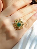 Doğal Taş Yeşil Akik Doğal Taşlı Çiçek Model Telkari Kadın Ayarlanabilir Altın Kaplama Yüzük euy59yar thumbnail 2