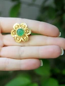 Doğal Taş Yeşil Akik Doğal Taşlı Çiçek Model Telkari Kadın Ayarlanabilir Altın Kaplama Yüzük euy59yar thumbnail 3