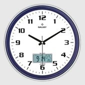 DUVAR SAATİ LACİVERT-GRİ ÇİZGİ ÇERÇEVELİ 35.5CM TAKVİMLİ TERMOMETRELİ HİGROMETRELİ ANALOG VE DİJİTAL GÖSTERGELİ AMERİKAN BRİSTOL KADRAN AKAR SANİYELİ MEKANİZ METALİK AKREP/YELOKOVAN/SANİYE MİNERAL CAM - 1