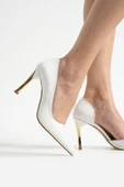 ORPNY Beyaz Rugan Kadın Stiletto Altın 9cm Topuklu Kadın Topuklu Ayakkabı - 1