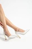 ORPNY Beyaz Rugan Kadın Stiletto Altın 9cm Topuklu Kadın Topuklu Ayakkabı - 2