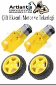 Çift Eksenli Motor 2 Adet ve Tekerlek 2 Adet Sarı Dc Motor Arduino Robotik Motor Tekerlek Deney Okul Bilim Araba Yapım - 1