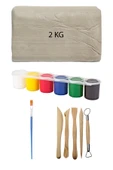 Beyaz Seramik Hamuru 2 kg Kil Ebeşuar Seti 6x15 ml Akrilik Seti Düz Fırça Seramik Kili Oyun Hamuru - 1