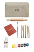 Beyaz Seramik Hamuru 3 Kg Kil Ebeşuar Seti 6x15 ml Akrilik Set 100 ml Vernik Ahşap Merdane Zımpara - 1
