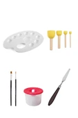 Resim Paleti 19 Cm Ponpon Fırça Seti Düz Fırça Yuvarlak Fırça Su Kabı Metal Spatül - 1