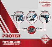 PROTER 3 LÜ SET PST 904 E ŞARJLI AVUÇ TAŞLAMA + PST 945 HD PNOMATİK KIRICI–DELİCİ+PST 924 BL ŞARJLI MATKAP 13 MM KÖMÜRSÜZ DARBELİ +3 AKÜ+TAKIM ÇANTASI - 2