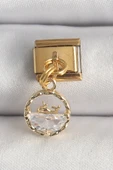 316L Çelik Gold Renk Sallantı Zirkon Taşlı Balina Model Nomination Charm - TJ-BC1339 - 1