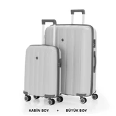 MÇS Bavul Büyük ve Kabin 2li Set Kırılmaz Silikon Valiz V305 Kemik/Gri - 1
