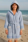 Kapşonlu Unisex Peştemal Plaj Bornozu %100 Pamuklu Seaside Stripe - 1