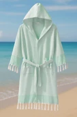 Kapşonlu Unisex Peştemal Plaj Bornozu %100 Pamuklu Seaside Stripe - 6