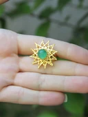 Doğal Taş Yeşil Akik Doğal Taşlı Yıldız Model Telkari Kadın Ayarlanabilir Altın Kaplama Yüzük euy60yag thumbnail 3