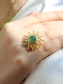Doğal Taş Yeşil Akik Doğal Taşlı Yıldız Model Telkari Kadın Ayarlanabilir Altın Kaplama Yüzük euy60yag thumbnail 1