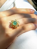 Doğal Taş Yeşil Akik Doğal Taşlı Çiçek Model Telkari Kadın Ayarlanabilir Altın Kaplama Yüzük euy61yag thumbnail 2