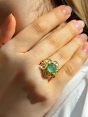 Doğal Taş Yeşil Akik Doğal Taşlı Çiçek Model Telkari Kadın Ayarlanabilir Altın Kaplama Yüzük euy61yag thumbnail 1