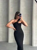 Krinkıl tek omuz uzun elbise siyah s25455 thumbnail 3