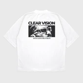 Oversize 'Clear Wısıon' Baskılı Bisiklet Yaka T-Shırt - 1