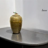 40 cm Döküm Aliminyum Gold Eskitme Kapaklı Vazo - 1