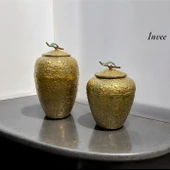 40 cm Döküm Aliminyum Gold Eskitme Kapaklı Vazo - 2