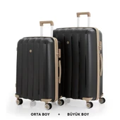 MÇS Bavul Büyük ve Orta 2li Set Kırılmaz Silikon Valiz V305 Siyah/Şampanya thumbnail 1