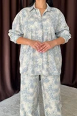 Mavi Leopar Desenli Ceket Ve Pantolon Keten Takım - 3