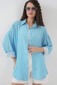 Çizgili Oversize Gömlek 20295 - Mavi - 4