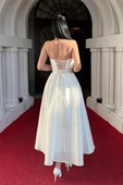 Tafta Saten Kumaş Straplez Midi Elbise - BEYAZ - 5