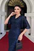 Pul Payet Kumaş V Yaka Abiye Elbise - LACİVERT - 3