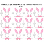 Pembe Tavşan Kostüm Seti – Taç, Papyon, Ponpon (12’li Paket) - 1