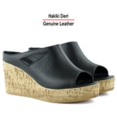 Erkan Saçmacı Drusilla Siyah Hakiki Deri Kesik Detaylı Mantar Taban Görünümlü Dolgu Topuklu Terlik - 3