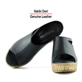 Erkan Saçmacı Drusilla Siyah Hakiki Deri Kesik Detaylı Mantar Taban Görünümlü Dolgu Topuklu Terlik - 4