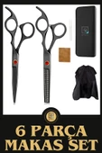 QNİAY 6 Parça Siyah-Kırmızı Taşlı Ultra Profesyonel 6 inç Deri Çantalı Berber Kuaför Saç Sakal Makas Seti thumbnail 1