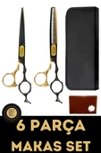 QNİAY 6 Parça Black-Gold Çantalı Saç Kesim Makas Seti Düz ve Ara Makas Saç Tıraş Kuaför Berber - 1