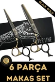 QNİAY 6 Parça Black-Gold Çantalı Saç Kesim Makas Seti Düz ve Ara Makas Saç Tıraş Kuaför Berber - 2