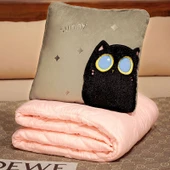 Çizgi Film Hayvan Peluş Klima Battaniyesi - Ayakta Duran Kedi Pembe 38x38cm (1.5x1m) - 1