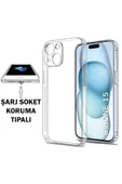 EVAX  (TIPALI ŞEFFAF) Iphone 15 Kamera Koruyuculu Şarj Yeri Tıpalı Yumuşak Şeffaf Silikon Kılıf - 1