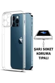 EVAX  (TIPALI ŞEFFAF) 12 Pro Max Kamera Koruyuculu Şarj Yeri Tıpalı Yumuşak Şeffaf Silikon Kılıf - 1
