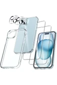 EVAX  (5'i 1 ARADA) iPhone 15 Uyumlu 1 Şeffaf Kılıf + 2 Ekran Koruyucu + 2 Kamera Lens Koruyucu - 1
