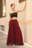 Beli Lastikli Pliseli Şifon Pantolon 6030-Bordo - 2