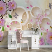 3D Halka, Kelebek ve Pembe Çiçek Duvar Kağıdı Baskı thumbnail 4