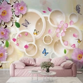 3D Halka, Kelebek ve Pembe Çiçek Duvar Kağıdı Baskı thumbnail 1