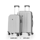 MÇS Bavul Orta ve Kabin 2li Set Kırılmaz Silikon Valiz V305 Kemik/Gri thumbnail 1