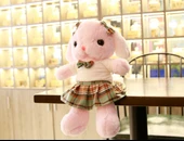 JK Tarzı Elbiseli Tavşan Peluş Oyuncak - Haki Tavşan - Pembe Elbise - 35cm - 6